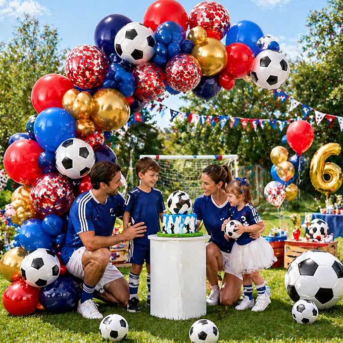 Soccer Balloons, 12Inch Blue Red Gold Soccer Printed Latex Balloons, Navy Royal Blue Red and Metallic Gold Helium Balloon with Confetti Balloon for Sport Football Theme Boy Men Birthday Party Decor