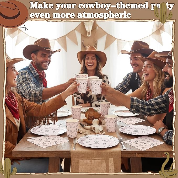 Domensi 250 Pcs Western Cowboy Party Decorations Cowboy Paper Plates Napkins and Cups Serve 50 Wild West Disposable Tableware Set for Rodeo Birthday Baby Shower Party Supplies Decoration