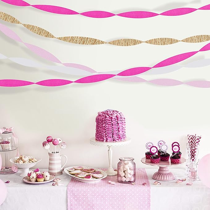 Streamers Bridal Shower Decorations,8 Rolls Rose Pink White Gold Crepe Paper Streamer for Bachelorette Party Wedding Shower Baby Shower Birthday Valentine's Day Decorations Party Supplies,82ft Long
