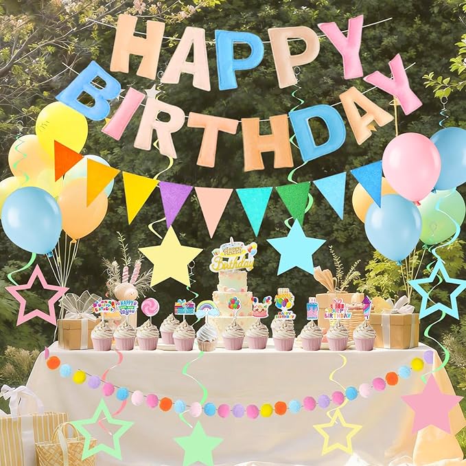 43PCS Pre-Strung 3D Felt Happy Birthday Banner, Macaron Color Happy Birthday Fabric Banner Felt Pom Garland Triangle Fabric Happy Birthday Banner for Handmade Felt Reusable Birthday Banner Supplies