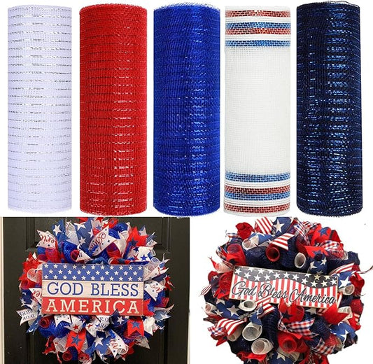 5 Rolls Patriotic Mesh Ribbon for Wreath, 10 Inch x 30FT Per Roll Metallic Foil Deco Mesh Rolls Red White Navy Blue Decorative Mesh for 4th of July Independence Day Memorial Day Party Decor