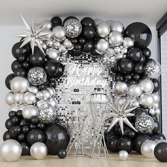 Black and Silver Balloon Garland Arch Kit with 3pcs Star Balloons, Silver and Black Balloon Confetti Latex Balloons for Birthday Wedding Graduation Baby Shower Disco Anniversary Party Decorations