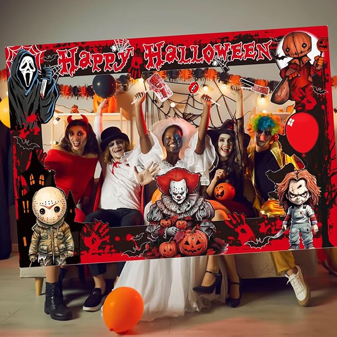 Halloween Photo Booth Props Kit, 16PCS Photo Props & Selfie Frame Halloween Party Decoration Supplies Dress Up Party Costumes Accessories for Photoshoot Selfie Props (Red)