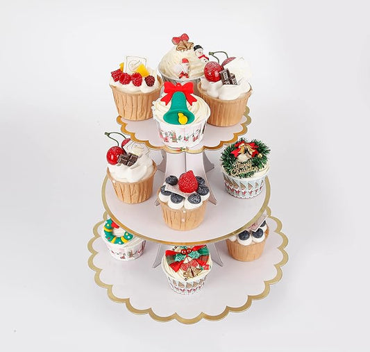 YLDW Cupcake Stand with Lace Trim, 3-Tier Cupcake Stand Display, Cardboard Cup Cake Tower Stand, Disposable Dessert Stand for Birthday Tea Party Baby Shower Treat Decorations, White