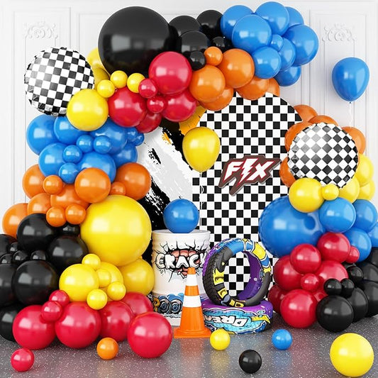 Racing Theme Balloons Arch Garland Kit, Blue Red Black Checkered Pattern Flag Foil Balloon, Racing Themed Decorations for Boys Birthday Party Baby Shower