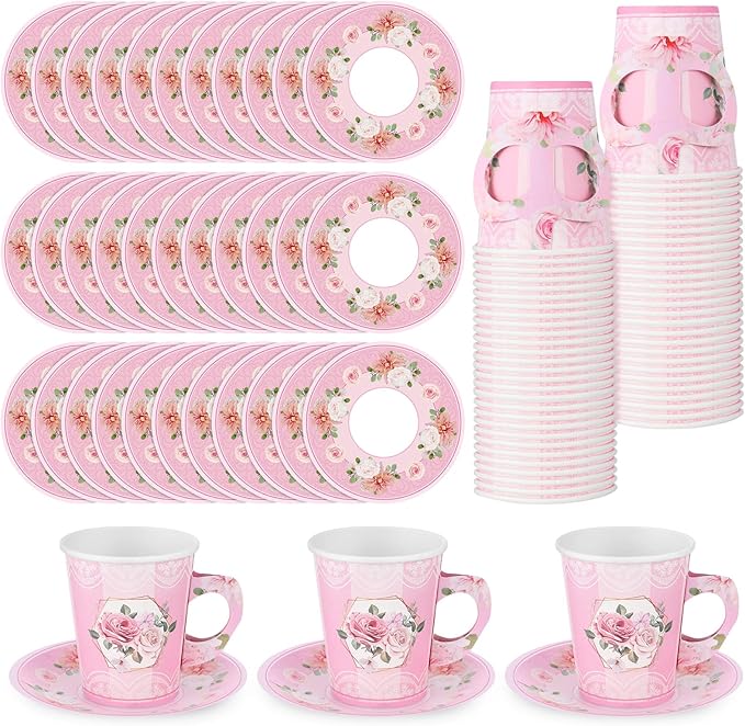 Zopeal 100 Pcs Disposable Tea Party Decorations 9 oz Floral Paper Cup with Handle and Saucer Set for Mother Day Wedding Birthday Spring Princess Blossom Party Baby Shower Supplies(Pink)
