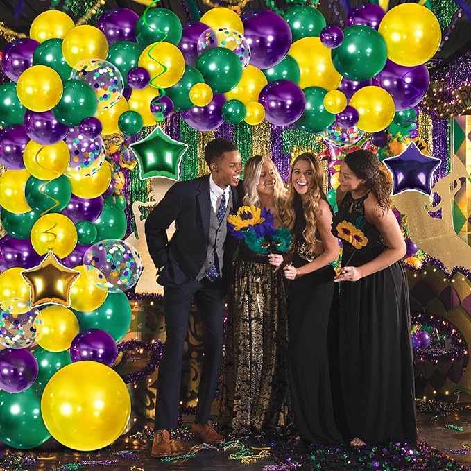 Mardi Gras Decorations Balloons Garland Arch Kit - Purple Green Gold Dot Banner & Hanging Swirls for Birthday Party Decor Supplies