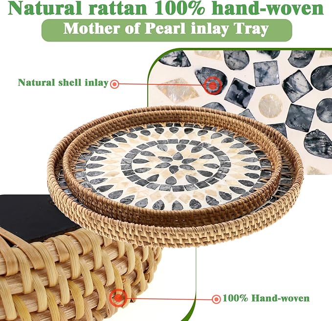 Round Rattan Tray with Mother of Pearl Inlay, Handwoven Wicker Fruit/Bread/Coffee Table Serving Basket Tray for Party Picnic Cafe Bedroom Kitchen Home Decor Set of 2 (Black Drop)
