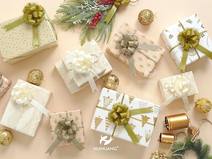 HUIHUANG Ivory Bows for Gift Wrapping 4"x 8" Ivory Satin Pull Bows 12 PCS Gift Bow for Presents, Gift Basket, Paper Bag, Wrapping Accessories, Birthday Wedding Party, Christmas Decor