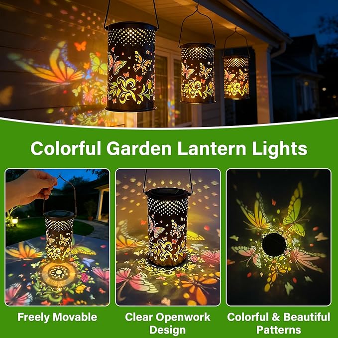 2 Pack - Colorful Butterfly Hanging Solar Lanterns Outdoor Waterproof, Decorative Metal Solar Hanging Lanterns for Porch Yard Tabletop Path Lawn and Garden Decor, Ideal Gifts for Mom Grandma Women
