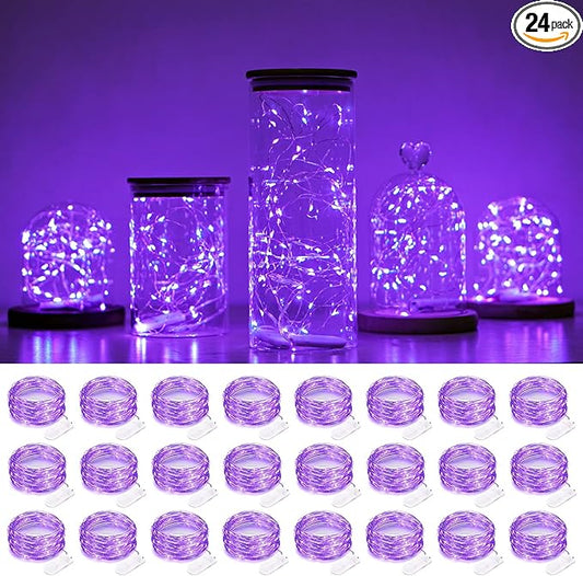 SmilingTown Battery Operated Fairy String Lights 24 Pack 20 LED 7.2ft Starry Firefly Copper Wire for Wedding Party Table Centerpiece Halloween Christmas Decorations(Purple)