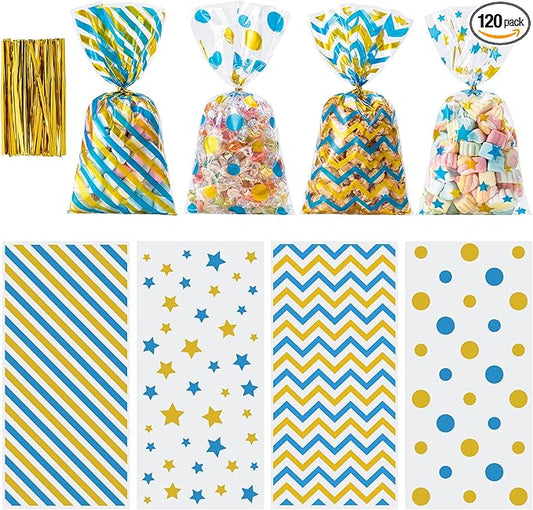Aegero 120 Pack Blue/Gold (wave dots/ wave stripes /diagonal stripes/Star Printed)Cellophane Treat Bags,10.63 x 5.12 Inch Plastic Candy Goodies Bags with 140 Pcs Twists for Valentine,Birthday,Bakery,Wedding,Gift Cookie Snack Packing,Party Favor Supplies