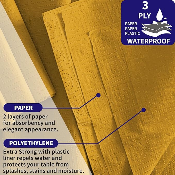 [6 Pack] Gold Square Tablecloths 54x54 Inch, Disposable Paper Table Cloth for Square and Round Tables, Waterproof 3-Ply Paper & Platic Table Cover for Christmas Fall Hosting Picnic Reunions