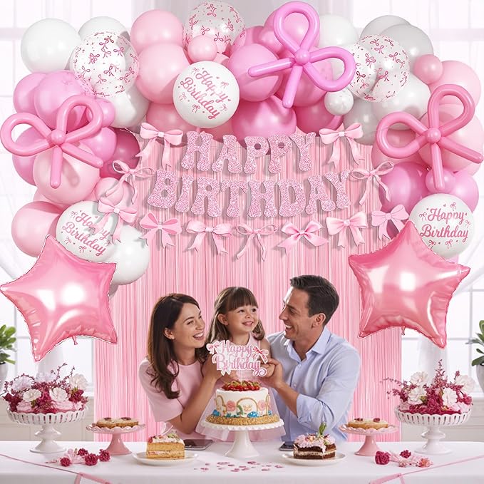 Pink Bow Birthday Decorations, Coquette Party Decoration for Girls Women Pastel Light Pink White Bow Latex Balloons Happy Birthday Banner Cake Topper for Baby Shower Bachelorette Party Decor Supplies