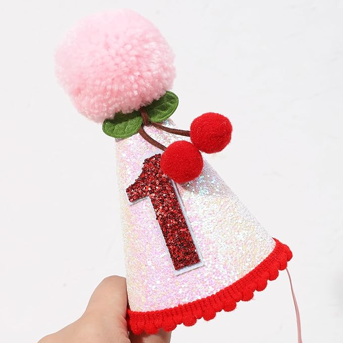 Cherry 1st Birthday Hat - Sweet One Party Decorations, Pink Glitter First Crown for Girls, Fruit Themed Cake Smash, Pink Felt Party Crown
