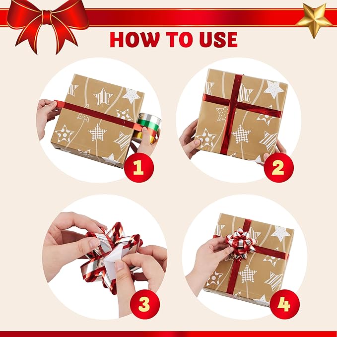 JOYIN 50 PCS Christmas Bows and Gift Ribbons with 48 Multi-Colored Assorted Size Self Adhesive Gift Bows and 2 Rolls of Curling Ribbons for Gift, Present Wrapping Decoration
