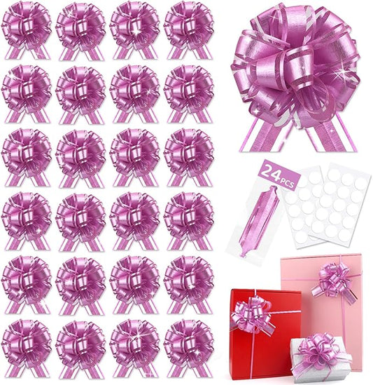 24pcs Pink Pull Bow for Gift Basket Wrapping Xmas Gift Bows Presents Adhesive Wrap Ribbon Bow for Christmas Tree Bottles Bouquet Flower Valentine's Day Party Decor (Pink-G)