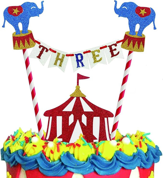 Circus 3rd Birthday Cake Topper, Three Years Old Birthday Circus Theme Photo Booth Props for little Boy or Girl Cake Smash Party Cake Decorations Supplies, Glitter (Circus Three Birthday)
