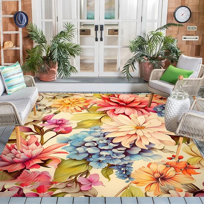 Easy Clean Floral Outdoor Rug 10x12 Yellow Pink Machine Washable Area Rugs for Patio Balcony Camping Pool Garden Non Slip Waterproof Outside Carpet Vibrant Low Pile Porch Mat