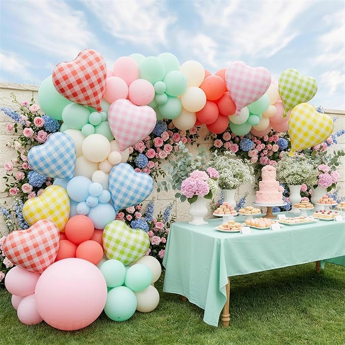 Pastel Checkered Heart Balloons, 18Inch Light Pink Blue Yellow Green Red Rainbow Plaid Heart Shape Foil Balloon, 10Pcs Colorful Grid Helium Balloon for Birthday Retro Y2K Easter Goose Theme Party