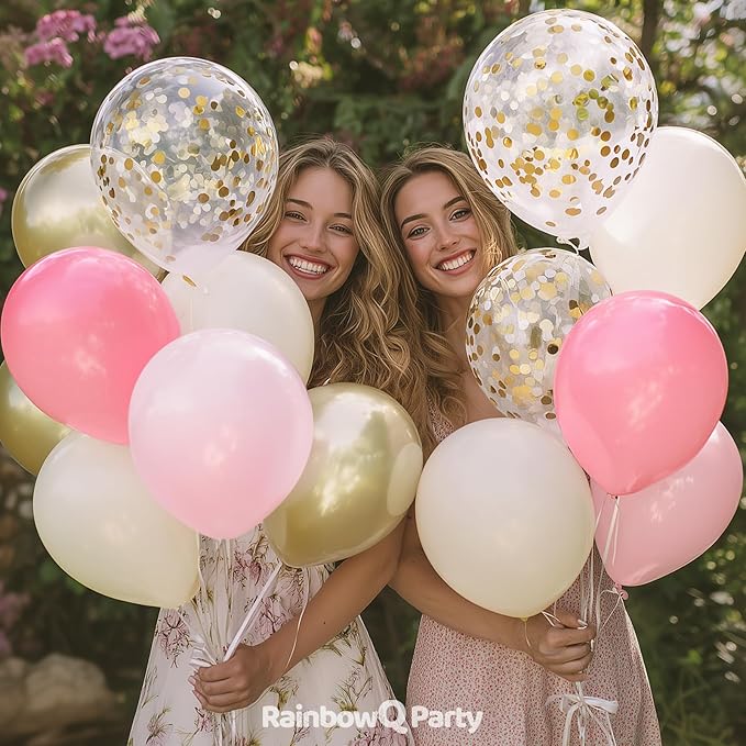 Metallic Pink and Gold Balloons 12 Inch 67PCS Sand White Champagne Confetti Latex Helium Balloons Set for Anniversary Wedding Birthday Party Decorations