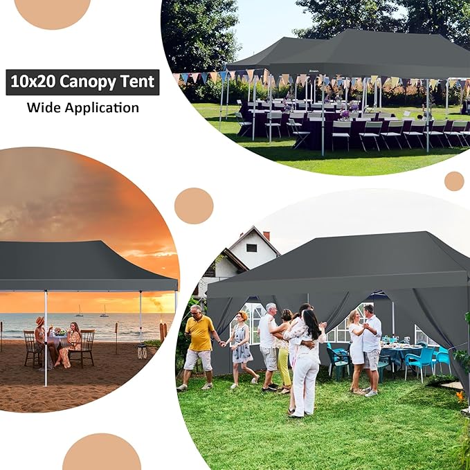 COBIZI 10x20 Pop Up Canopy with 6 Sidewalls, Conical Canopy Tents for Parties, Backyard, Commercial, Waterproof Event Tent Instant Shelter UV50+ Outdoor Gazebo with 4 Sandbags (Peak Drainage)