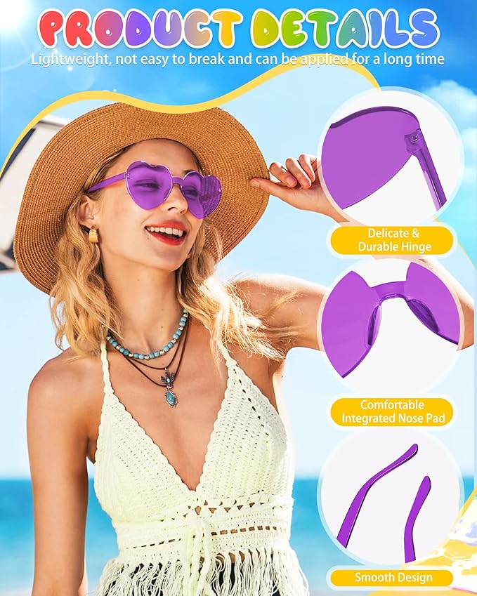 12 Pairs Heart Shaped Sunglasses Candy Color Rimless Fun Heart Glasses for Women Party Favors