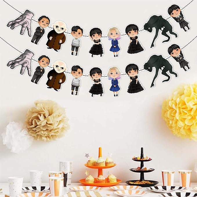 Wednsday Garland Decoration – Themed Party Banner for Birthday Celebrations, Themed Gatherings, Decorative Garland for Dessert Tables, Room Décor, Photo Displays, and Special Events