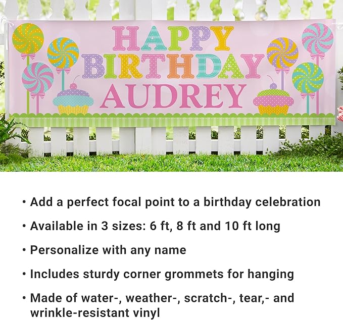 Let's Make Memories Personalized Pink Happy Birthday Banner for Kids - Custom Birthday Party Decorations - Indoor/Outdoor Vinyl - Any Name - Sweets Design - 10ft