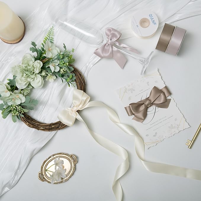 QIANF Champagne Double Face Satin Ribbon 1 Inch x 45 Yards Ivory Fabric Ribbon for Gift Wrapping, Flower Bouquets, Hair Bows Making, Wedding Decoration, Invitation Cards, Christmas (3 Rolls *15Yd)
