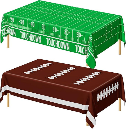 QZYL Football Party Decorations 2026, Disposable Football Tablecloth, 2 PCS Brown Green Decoration Runner, Game Day Theme Table Cloth, Plastic Table Cover for Game Day Touchdown Party Supplies