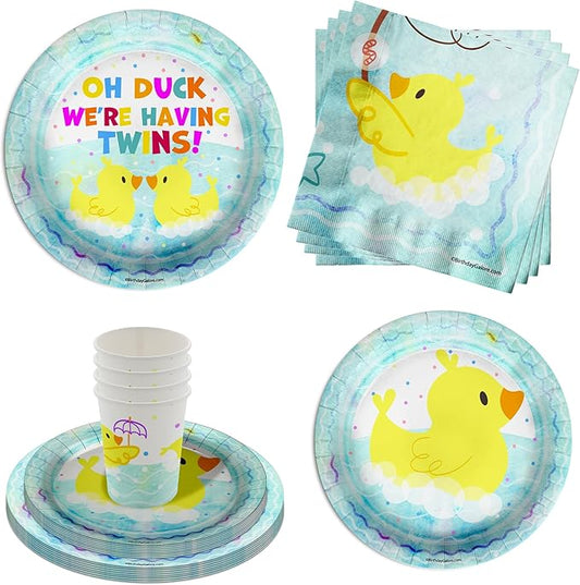 Oh Duck! We're Having Twins Baby Shower Party Supplies 64 Piece Rubber Ducky Twin Baby Shower Tableware Set Includes Large 9" Dinner Plates and 7" Dessert Paper Plates Napkins Cups - Kit for 16