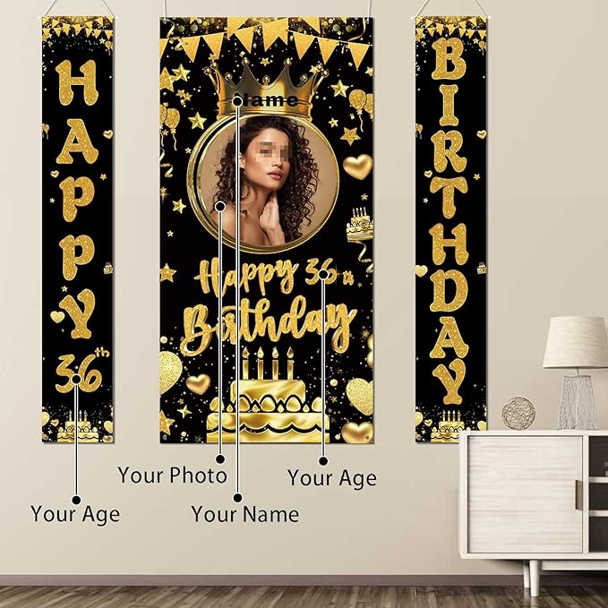 Custom Photo Birthday Banner Set Personalized Name Door Banners Fabric Backdrop Birthday Decorations Party Supplies Background for Indoor Outdoor Front Door Sign(Black and Gold)