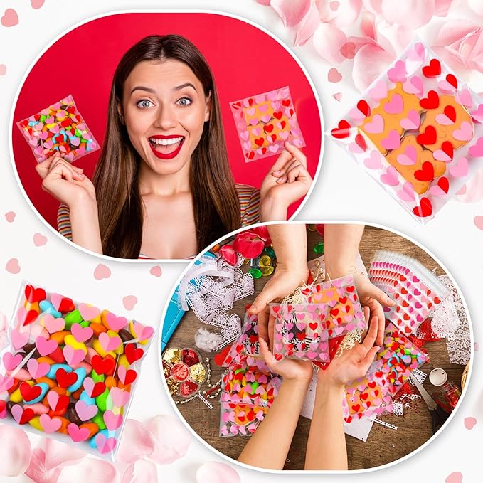 Supervitae 200 Pcs Valentines Cellophane Cookie Bags Bulk 4 x 4 Inch Heart Cellophane Bags Self Adhesive Clear Treat Goodie Gift for Valentine's Day Party Supplies Snacks Bakery Cookie Packaging