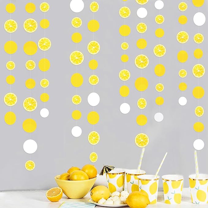 63 Ft Lemon Party Decorations Yellow White Circle Dots Garland Polka Dot Hanging Paper Streamer for Lemon Themed Wedding Bridal Shower Engagement Bachelorette Baby Shower Birthday Party Supplies