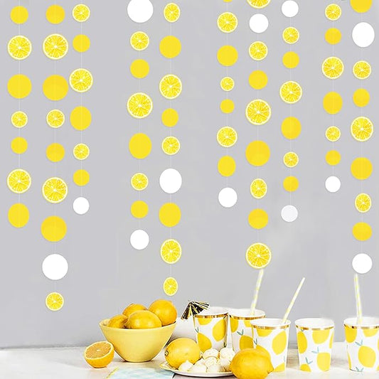 63 Ft Lemon Party Decorations Yellow White Circle Dots Garland Polka Dot Hanging Paper Streamer for Lemon Themed Wedding Bridal Shower Engagement Bachelorette Baby Shower Birthday Party Supplies