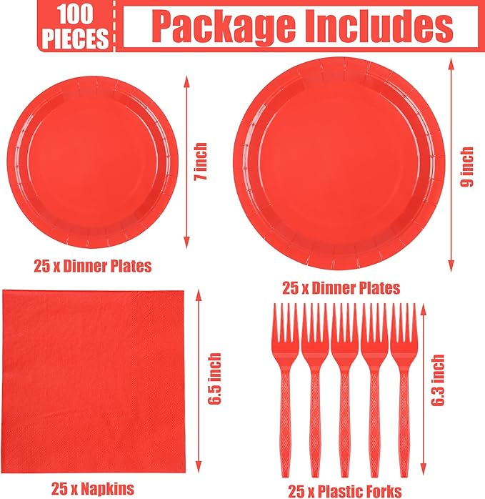 100 Count Red Paper Plates and Napkins Red Party Tableware Set Red Disposable Plates Napkins and Forks for Wedding Birthday Party Bridal Shower Baby Shower, Serve 25
