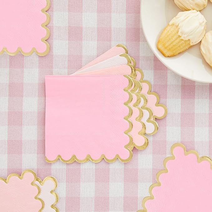 Sparkle and Bash Pink Cocktail Napkins - 5 x 5 In, 100 Count, 3-Ply Scalloped, Pink & Gold - Napkins for Baby Girl & Bridal Showers & Birthday Parties