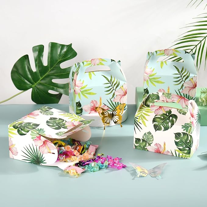 DjinnGlory 36 Pack Hawaiian Luau Party Favor Treat Boxes, Gable Boxes for Wedding, Bridal Shower, Annivesary Parties, All Occasion and Small Bussiness 6.18x3.58x3.39 Inches (Tropical Palm Leaf)