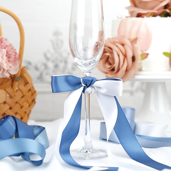 1 Inch Dusty Blue French Blue Double Face Satin Ribbon Set, 5 Rolls, 50 Yards, Polyester Assorted Blue Tones for Wedding Decor, Gift Wrapping, Hair Bows, Flower Bouquets and Crafts