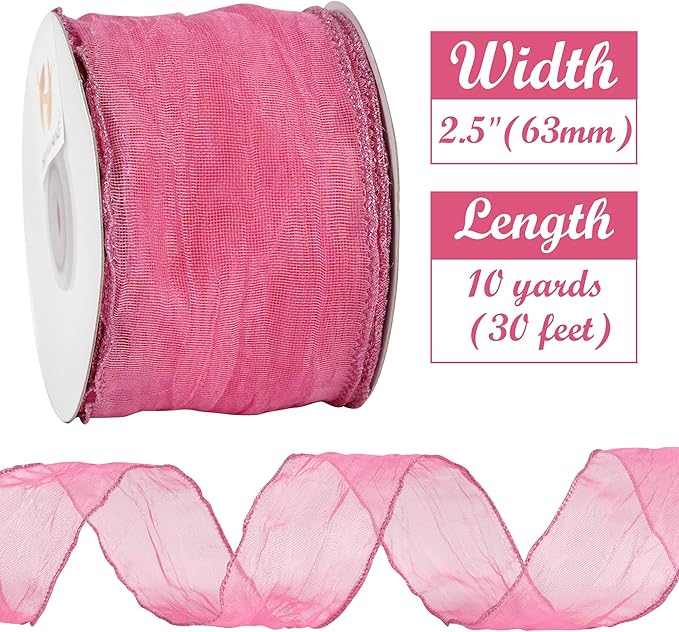 HUIHUANG Hot Pink Wired Ribbon 2.5 inch Fushcia Metallic Crinkle Wire Ribbon for Gift Wrapping Basket Wreath Bows Making Home Decor DIY Crafts Christmas Tree Decor - 10 Yards