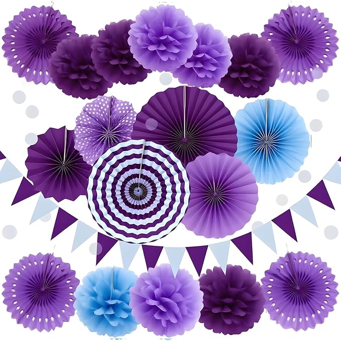 XIKSXITN 12 pc Purple Tissue Paper Pom poms in 3 Colors-Hanging Paper Flowers Ball for Party Decorative