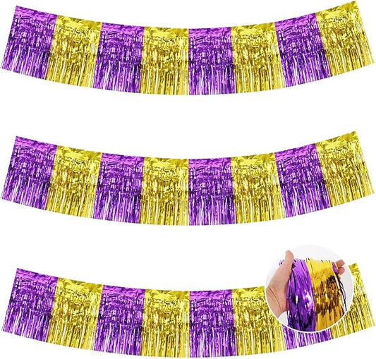 BEISHIDA 3 Packs Metallic Foil Fringe Garland Purple Gold Wall Hanging Tinsel Fringe Banners for Car Floats Bridal Shower Wedding Birthday Graduation Holiday Party Decoration(30 Feet)