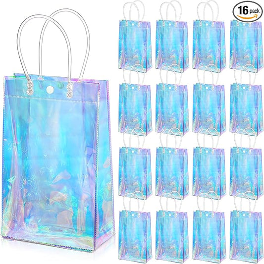 Sherr 16 Pcs Holographic Small Gift Bag Reusable Iridescent Clear Bags for Women PVC Plastic Goodie Holder with Handles for Shopping Christmas Holiday Party Favor(6.3" x 9.84" x 3.15",Rainbow)