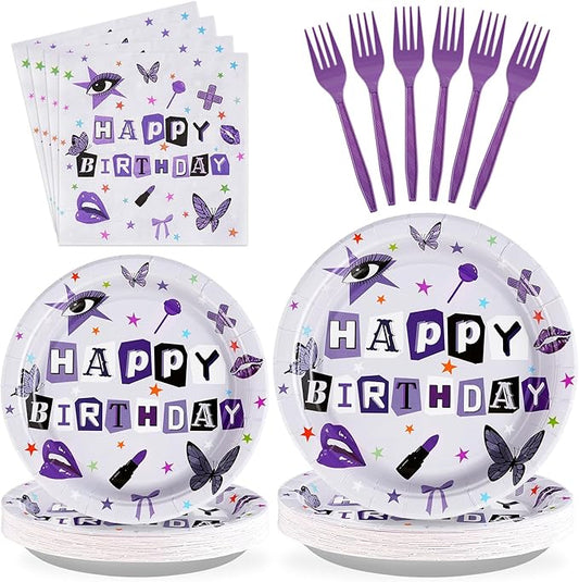 Grencian 96Pcs Purple Music Birthday Party Decorations for Girls Purple Birthday Plates and Napkins Disposable Paper Tableware Set for Vocalist Music Tour Concert Fans Gathering, Serves 24