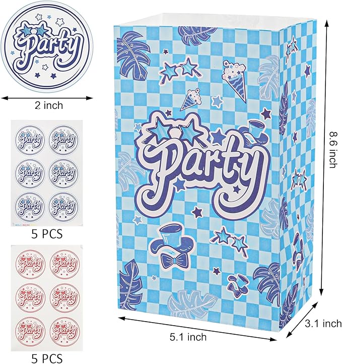 Suwimut 60 Pack Party Gift Bags with Stickers, 5.1 x 3.1 x 8.6 Inches Pink and Blue Birthday Goodie Bags, Small Gift Bag Paper Treat Bag for Girls Boys Kids Birthday Party, Baby Shower, Halloween, Wedding