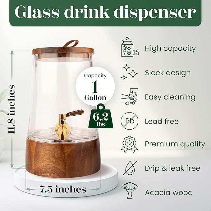 FOODLE Glass Drink Dispenser with Spigot - Glass Beverage Dispenser with Stand - Perfect for Parties & Everyday Use - Pitcher for Water, Lemonade, Sangria, Punch & Juice - Leakproof Spout - 1 Gallon