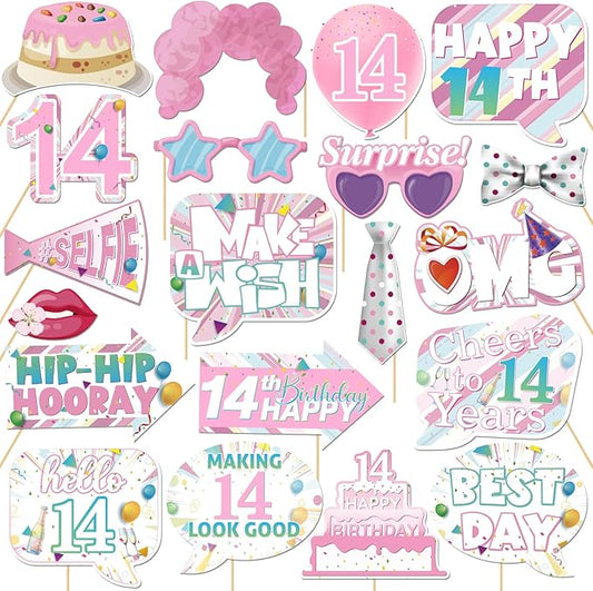 20 Pcs Girl 14th Birthday Photo Booth Props Kit, Pink Fourteen Birthday Party Selfie Decorations, Girl Teen's 14th Bday Party Photography Supplies