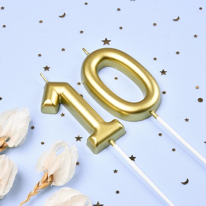 2.76 Inch Classical Gold 10 Number Birthday Candles, Gold and Cake Number Candles for Party Celebration