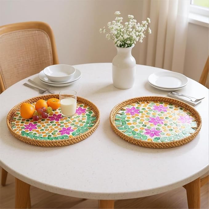 Round Rattan Tray with Mother of Pearl Inlay, Handwoven Wicker Coffee Table Serving Basket Tray for Fruit Snack Party Picnic Cafe Bedroom Kitchen Home Decor Set of 2 (Purple Blossom Dot)